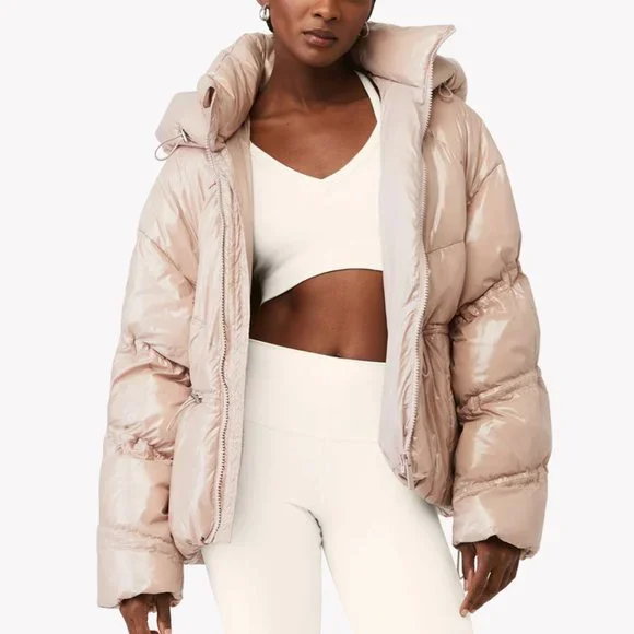 ALO Yoga Stunner Puffer Jacket High Gloss Dusty Pink Coat Hooded L NEW - Picture 1 of 10